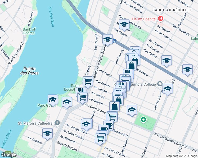 map of restaurants, bars, coffee shops, grocery stores, and more near 1615 Avenue Camille Paquet in Montréal