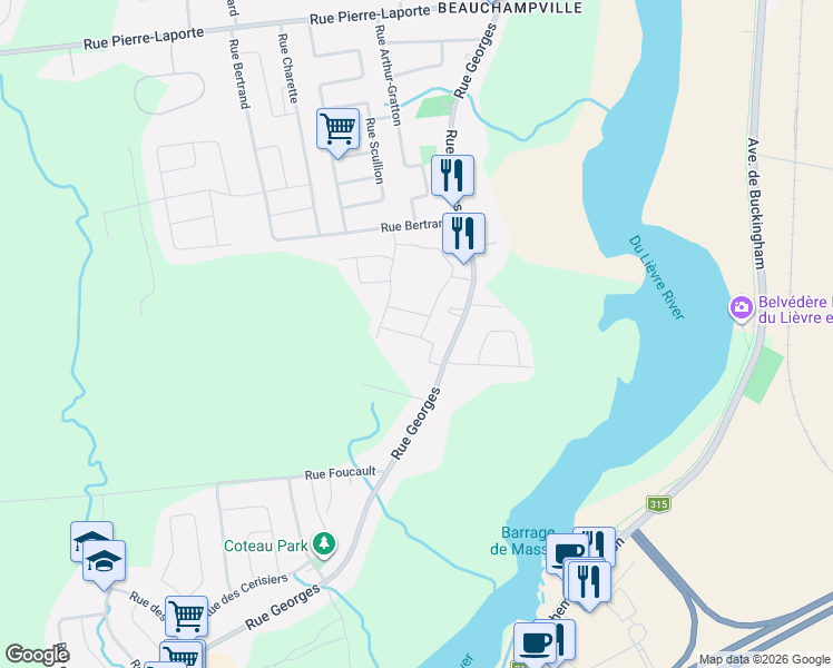 map of restaurants, bars, coffee shops, grocery stores, and more near 79 Rue Irma-LeVasseur in Gatineau