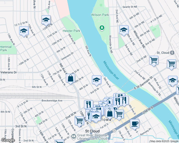 map of restaurants, bars, coffee shops, grocery stores, and more near 503 6th Avenue North in St. Cloud