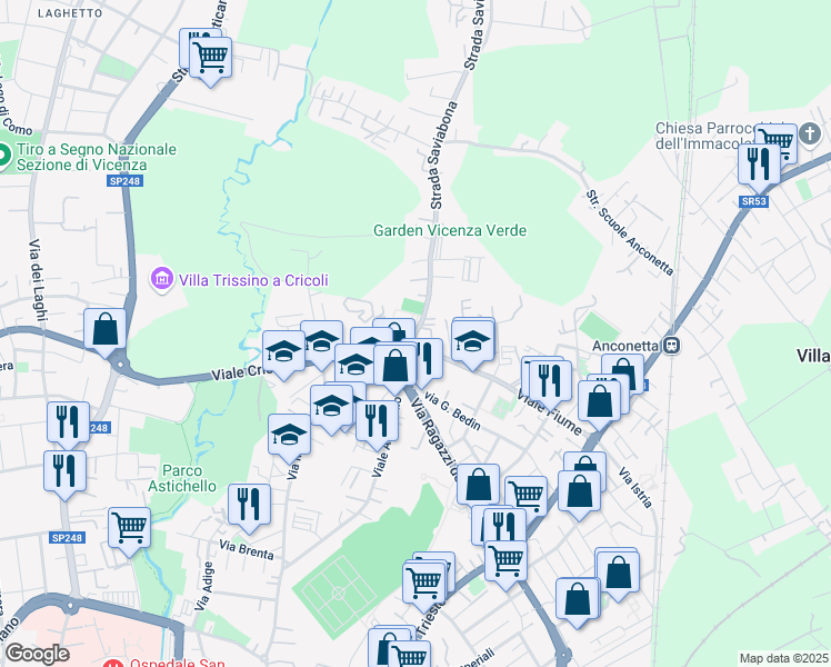 map of restaurants, bars, coffee shops, grocery stores, and more near 2 Viale Cricoli in Vicenza