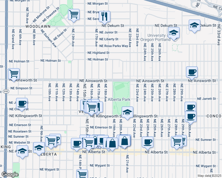 map of restaurants, bars, coffee shops, grocery stores, and more near 5907 Northeast 19th Avenue in Portland