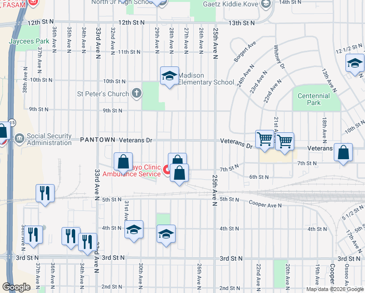 map of restaurants, bars, coffee shops, grocery stores, and more near 745 27th Avenue North in St. Cloud