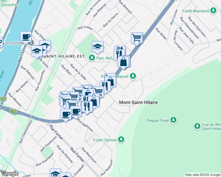 map of restaurants, bars, coffee shops, grocery stores, and more near 460 Boulevard Sir-Wilfrid-Laurier in Mont-Saint-Hilaire