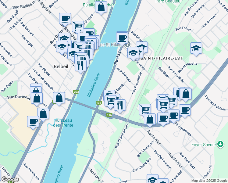 map of restaurants, bars, coffee shops, grocery stores, and more near 83 Rue Martin in Mont-Saint-Hilaire