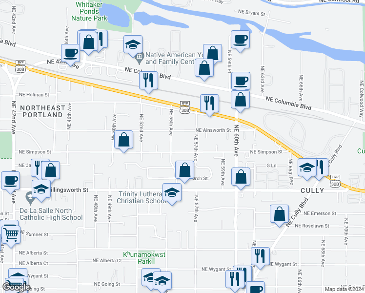 map of restaurants, bars, coffee shops, grocery stores, and more near 5545 Northeast Simpson Street in Portland