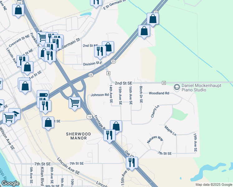 map of restaurants, bars, coffee shops, grocery stores, and more near 309 14th Avenue Northeast in St. Cloud