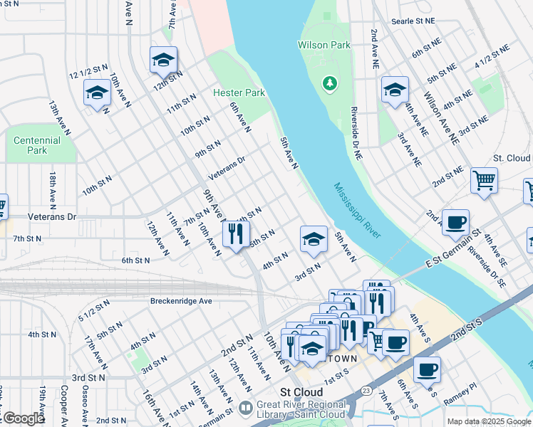 map of restaurants, bars, coffee shops, grocery stores, and more near 525 7th Avenue North in St. Cloud