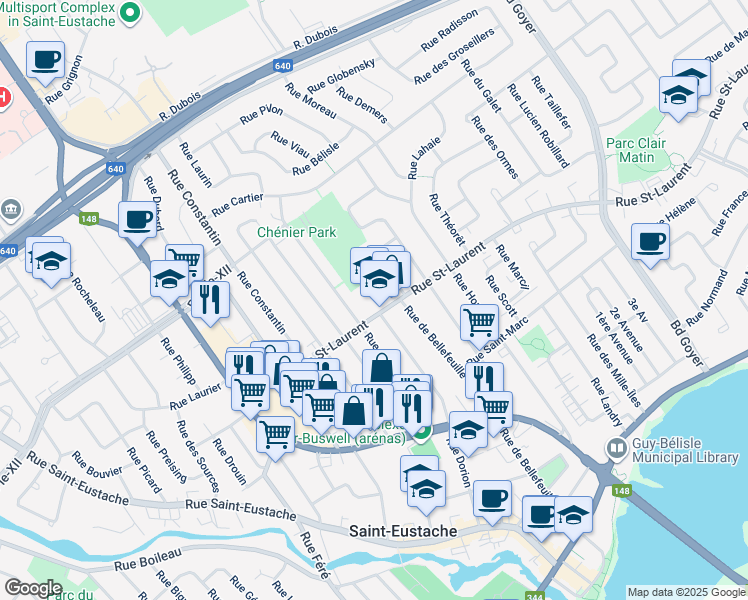 map of restaurants, bars, coffee shops, grocery stores, and more near 43 Rue Saint-Laurent in Saint-Eustache