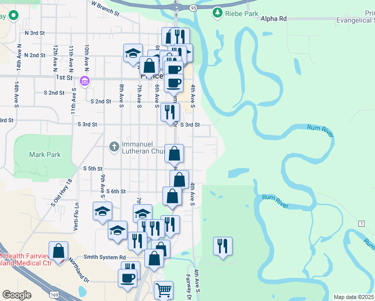 map of restaurants, bars, coffee shops, grocery stores, and more near 403 4th Street South in Princeton