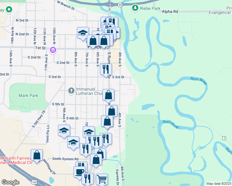 map of restaurants, bars, coffee shops, grocery stores, and more near 403 4th Street South in Princeton
