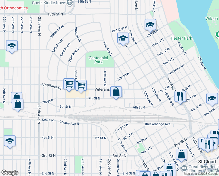map of restaurants, bars, coffee shops, grocery stores, and more near 1715 Veterans Drive in St. Cloud