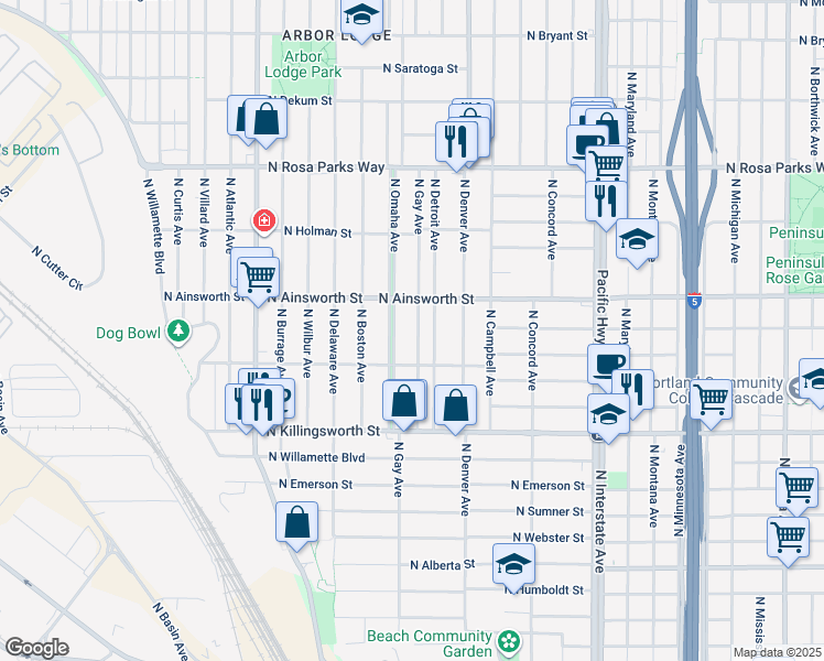map of restaurants, bars, coffee shops, grocery stores, and more near 5825 North Gay Avenue in Portland