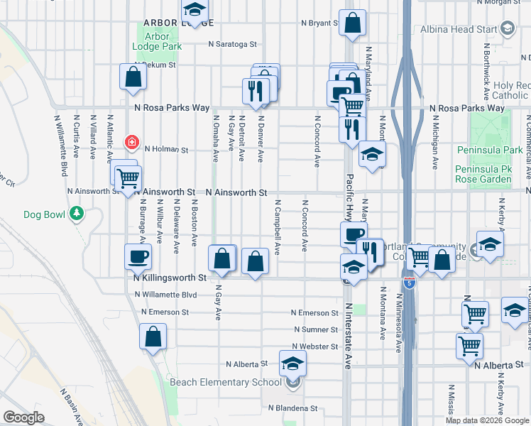 map of restaurants, bars, coffee shops, grocery stores, and more near 5826 North Denver Avenue in Portland