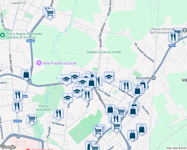 map of restaurants, bars, coffee shops, grocery stores, and more near 2 Viale Cricoli in Vicenza