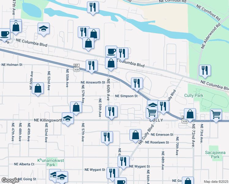 map of restaurants, bars, coffee shops, grocery stores, and more near 6119 Northeast Simpson Street in Portland