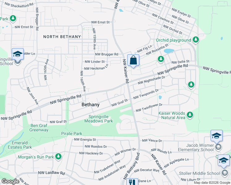 map of restaurants, bars, coffee shops, grocery stores, and more near 15655 Northwest Ryegrass Street in Portland