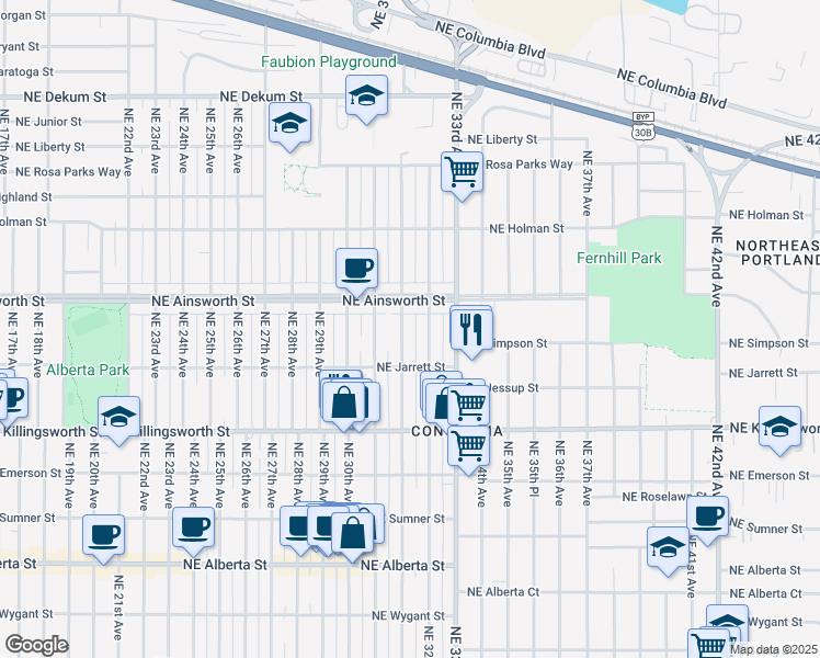 map of restaurants, bars, coffee shops, grocery stores, and more near 5908 Northeast 32nd Avenue in Portland
