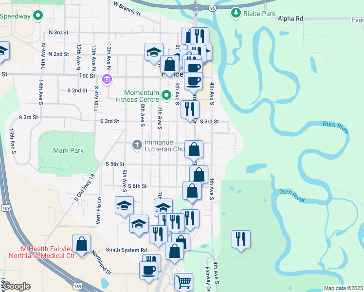 map of restaurants, bars, coffee shops, grocery stores, and more near 603 4th Street South in Princeton