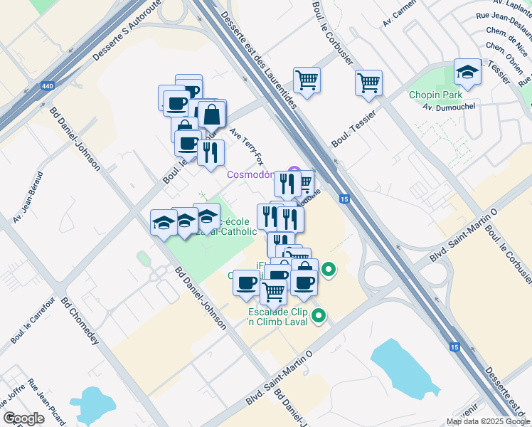 map of restaurants, bars, coffee shops, grocery stores, and more near 2825 Avenue du Cosmodôme in Laval