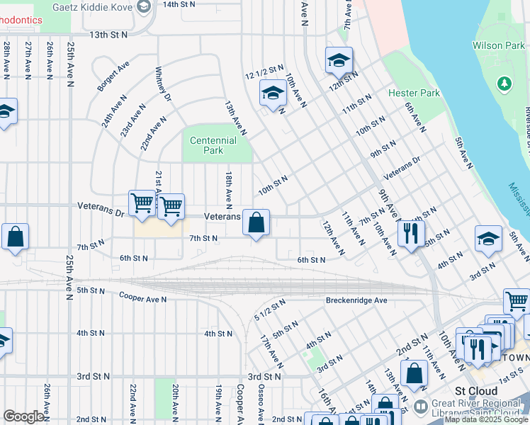 map of restaurants, bars, coffee shops, grocery stores, and more near 1611 Veterans Drive in St. Cloud
