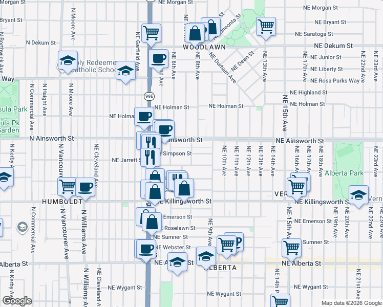 map of restaurants, bars, coffee shops, grocery stores, and more near Northeast 8th Avenue & Northeast Simpson Street in Portland