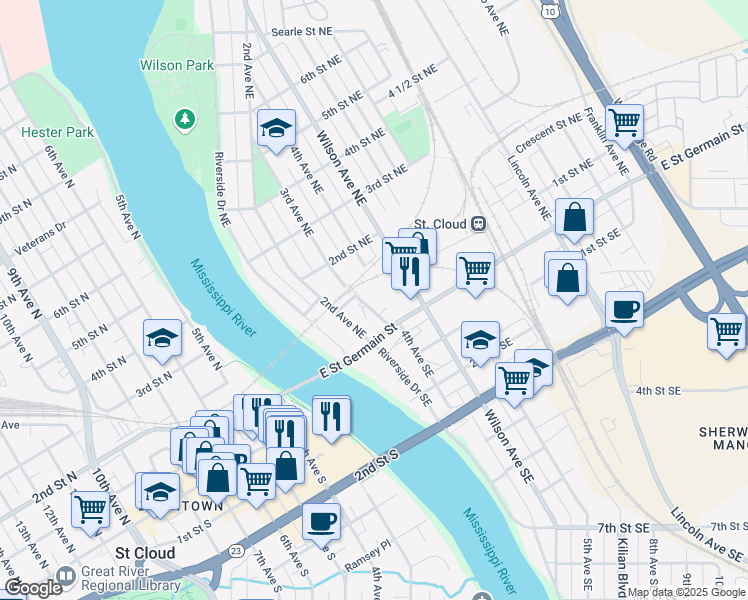 map of restaurants, bars, coffee shops, grocery stores, and more near 28 3rd Avenue Northeast in St. Cloud