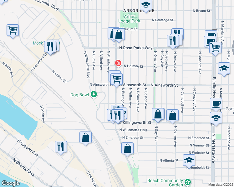 map of restaurants, bars, coffee shops, grocery stores, and more near 5824 North Greeley Avenue in Portland
