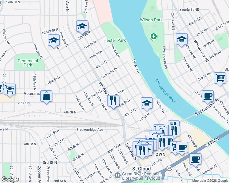 map of restaurants, bars, coffee shops, grocery stores, and more near 605 8th Avenue North in St. Cloud