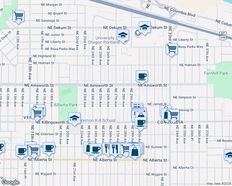 map of restaurants, bars, coffee shops, grocery stores, and more near 5915 Northeast 27th Avenue in Portland