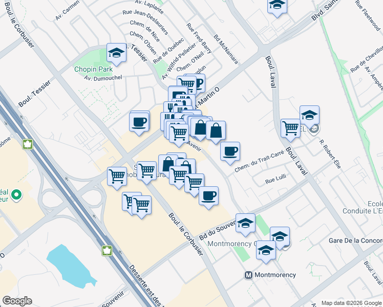 map of restaurants, bars, coffee shops, grocery stores, and more near 1604 Boulevard de l'Avenir in Laval