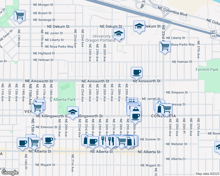 map of restaurants, bars, coffee shops, grocery stores, and more near 5915 Northeast 27th Avenue in Portland