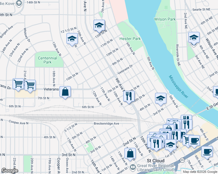 map of restaurants, bars, coffee shops, grocery stores, and more near 709 10th Avenue North in St. Cloud