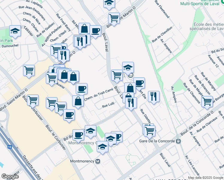 map of restaurants, bars, coffee shops, grocery stores, and more near 678 Chemin du Trait Carré in Laval