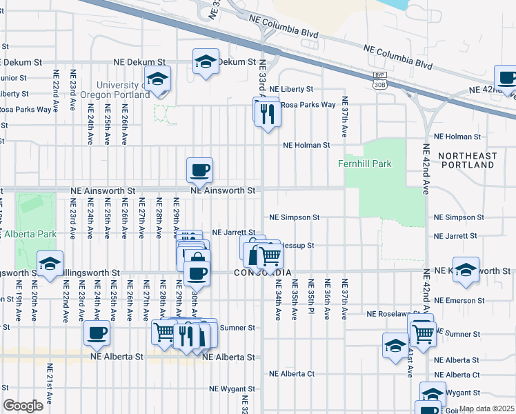 map of restaurants, bars, coffee shops, grocery stores, and more near 5915 Northeast 33rd Avenue in Portland