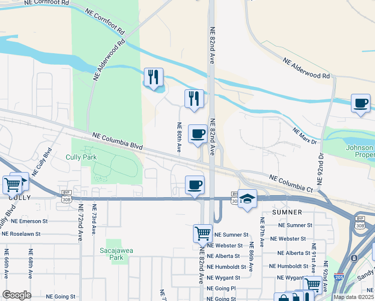 map of restaurants, bars, coffee shops, grocery stores, and more near 8111 Northeast Columbia Boulevard in Portland