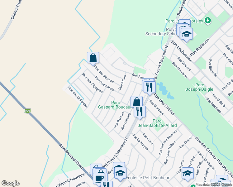 map of restaurants, bars, coffee shops, grocery stores, and more near 1068 Rue Desmarais in Beloeil