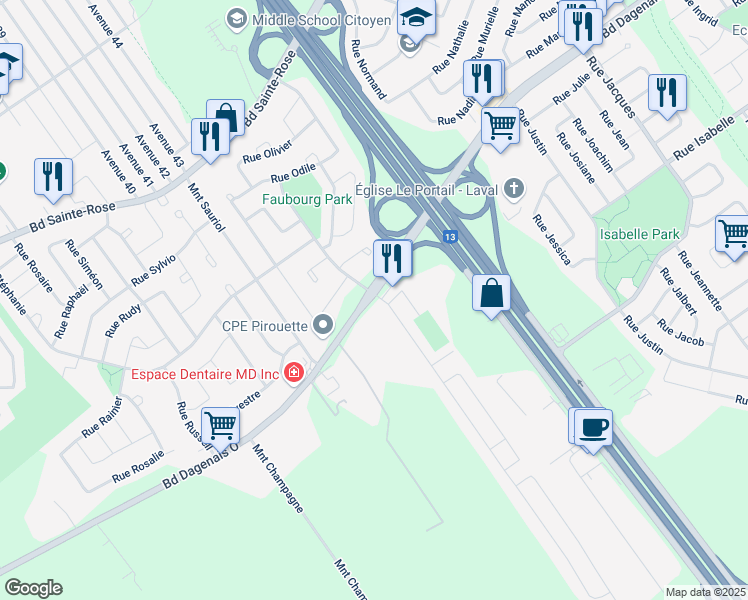 map of restaurants, bars, coffee shops, grocery stores, and more near 3940 Boulevard Dagenais Ouest in Laval