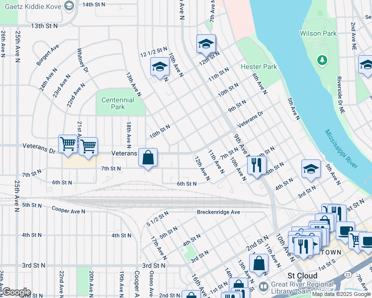 map of restaurants, bars, coffee shops, grocery stores, and more near 815 12th Avenue North in St. Cloud