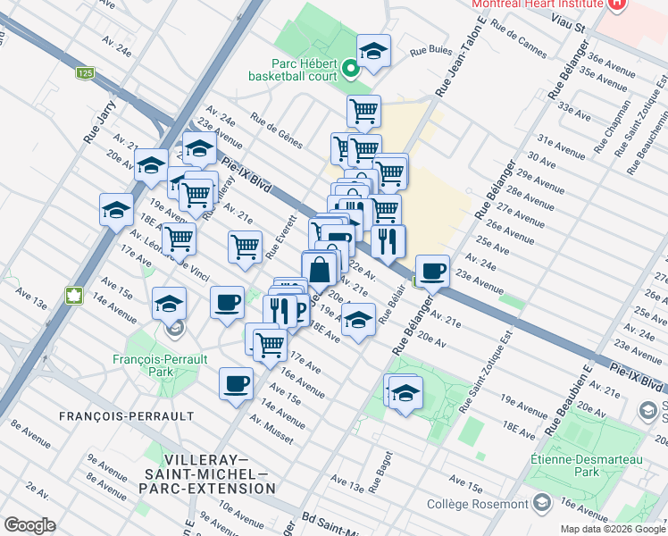 map of restaurants, bars, coffee shops, grocery stores, and more near 3931 Rue Jean Talon Est in Montreal