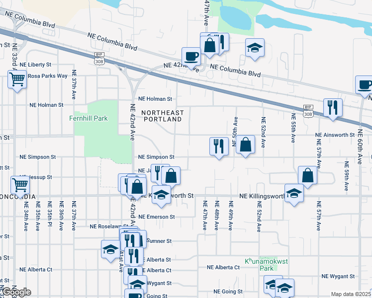 map of restaurants, bars, coffee shops, grocery stores, and more near 4551 Northeast Simpson Street in Portland