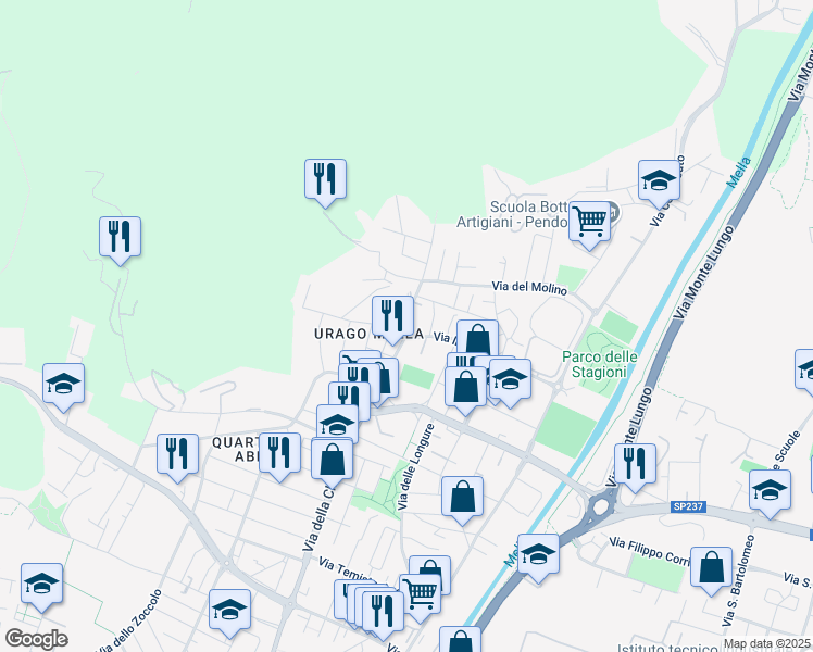 map of restaurants, bars, coffee shops, grocery stores, and more near 1-5 Via della Piazza in Brescia