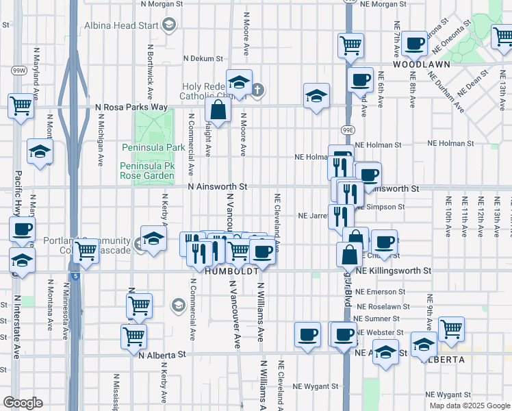 map of restaurants, bars, coffee shops, grocery stores, and more near 5825 North Williams Avenue in Portland