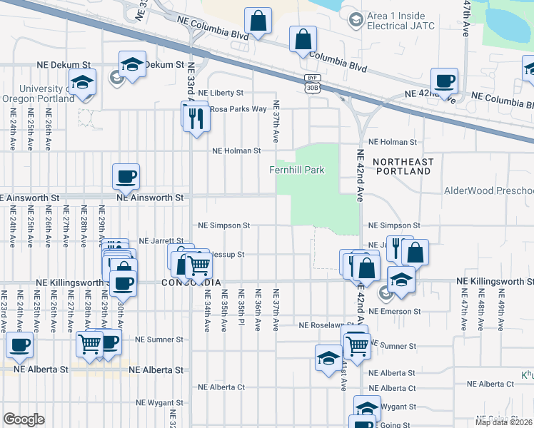 map of restaurants, bars, coffee shops, grocery stores, and more near 3597 Northeast Simpson Street in Portland