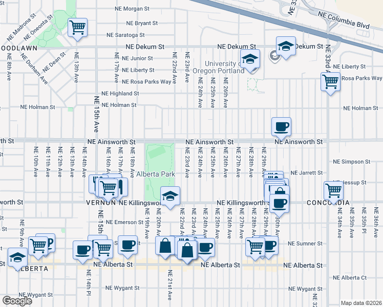 map of restaurants, bars, coffee shops, grocery stores, and more near 5903 Northeast 24th Avenue in Portland