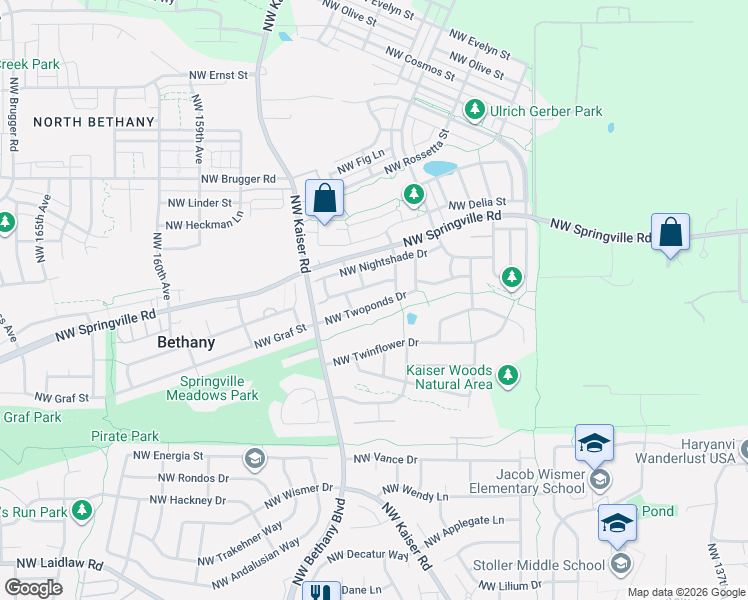 map of restaurants, bars, coffee shops, grocery stores, and more near 15229 Northwest Twoponds Drive in Portland