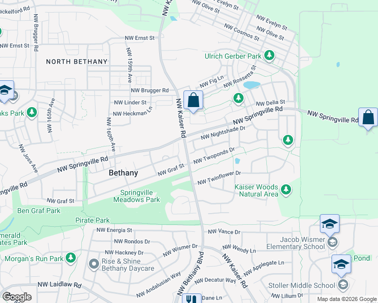 map of restaurants, bars, coffee shops, grocery stores, and more near 15410 Northwest Sweetgale Lane in Portland