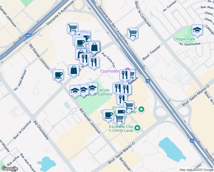 map of restaurants, bars, coffee shops, grocery stores, and more near 2855 Avenue du Cosmodôme in Laval