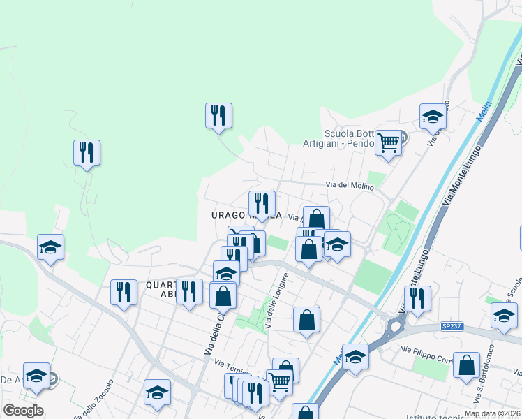 map of restaurants, bars, coffee shops, grocery stores, and more near 1-5 Via della Piazza in Brescia