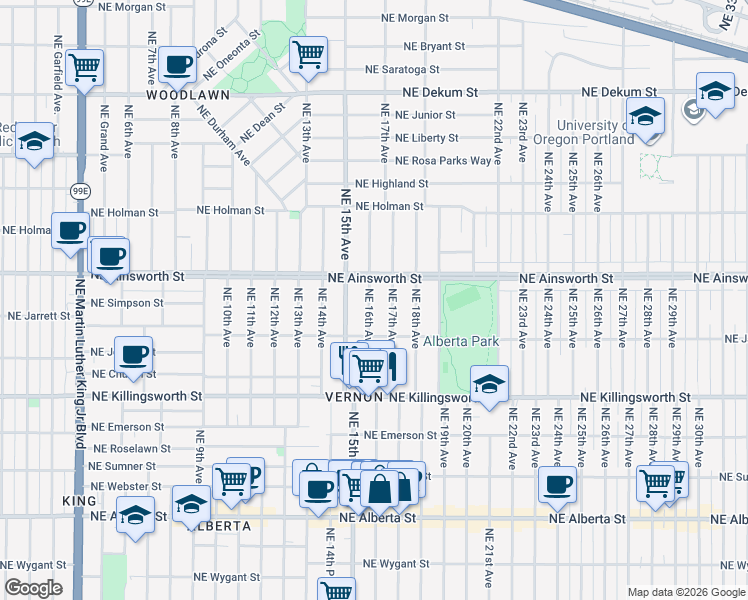 map of restaurants, bars, coffee shops, grocery stores, and more near 5914 Northeast 16th Avenue in Portland