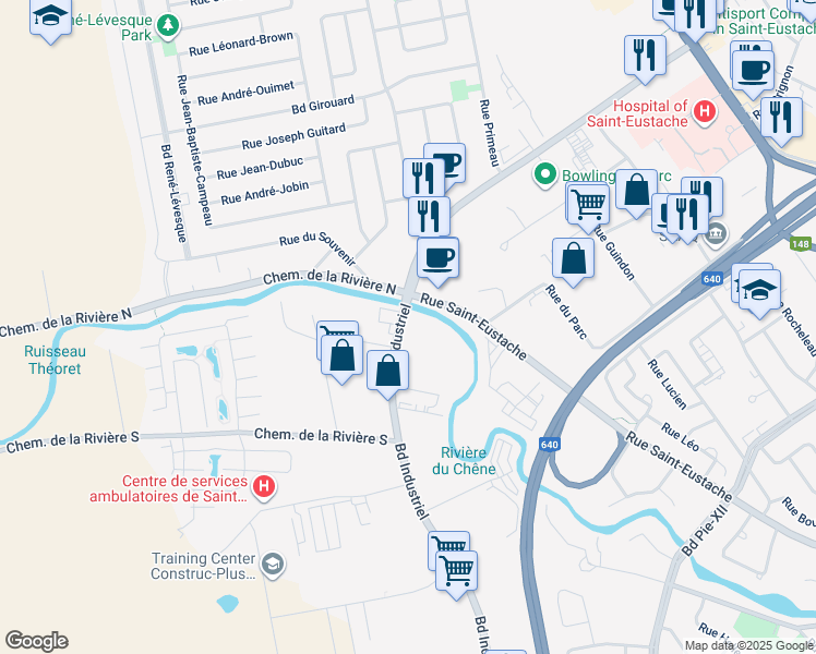 map of restaurants, bars, coffee shops, grocery stores, and more near 300 Boulevard Industriel in Saint-Eustache